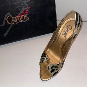 Carlos velvet leopard open toe pump, 4.5" ￼metallic heel. VG condition.8 1/2